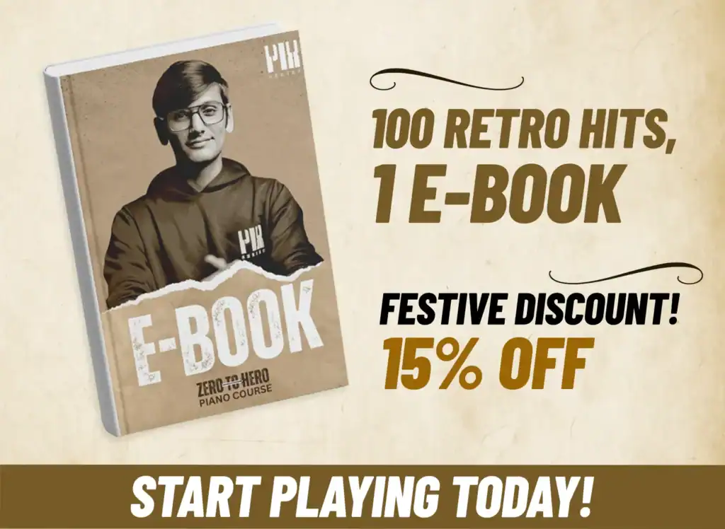 Vintage-inspired black and white image of a young man with glasses wearing a hoodie, promoting an e-book on retro hits and piano courses, with a festive discount offer.